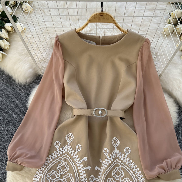 Round Collar Embroidered Patchwork Dress