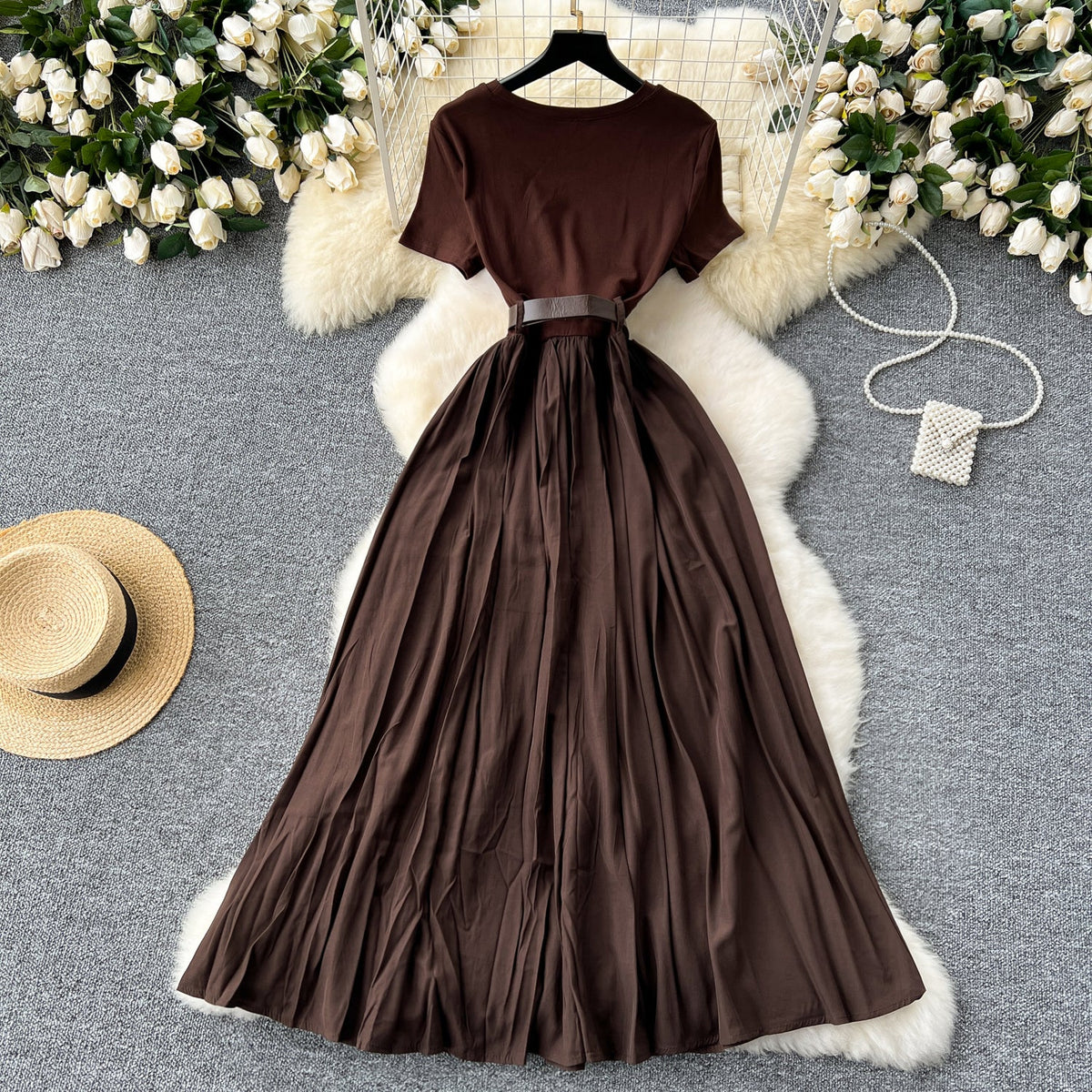 Round Collar Draped Patchwork Dress