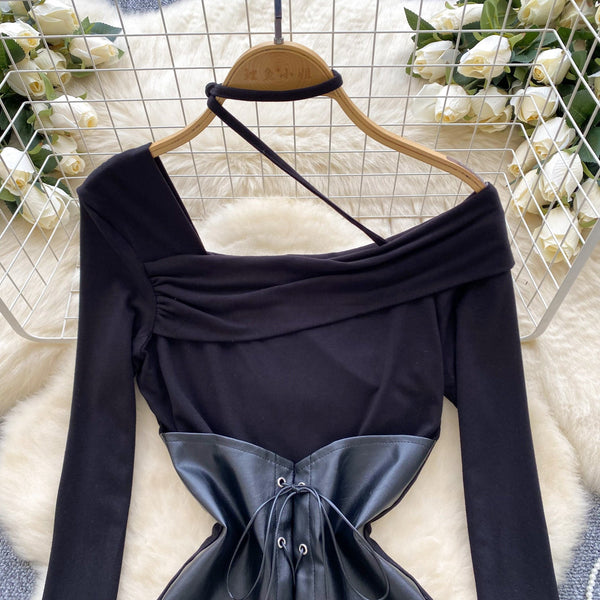 PU Lace-up Girdle Black Dress