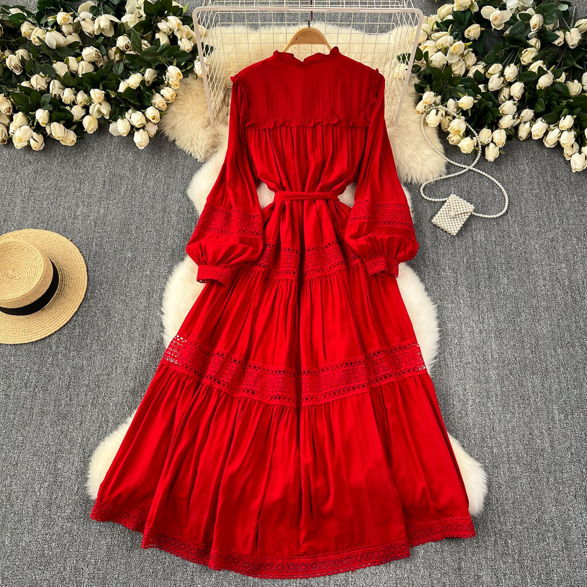 Solid Color Lace Patchwork Dress