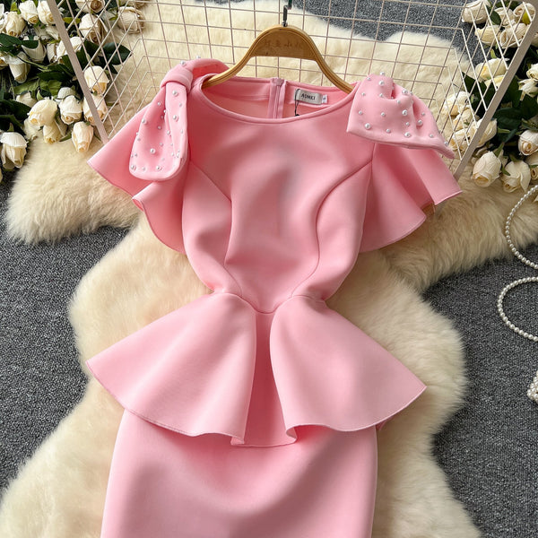 Beaded Bow-tie Ruffled Pink Dress