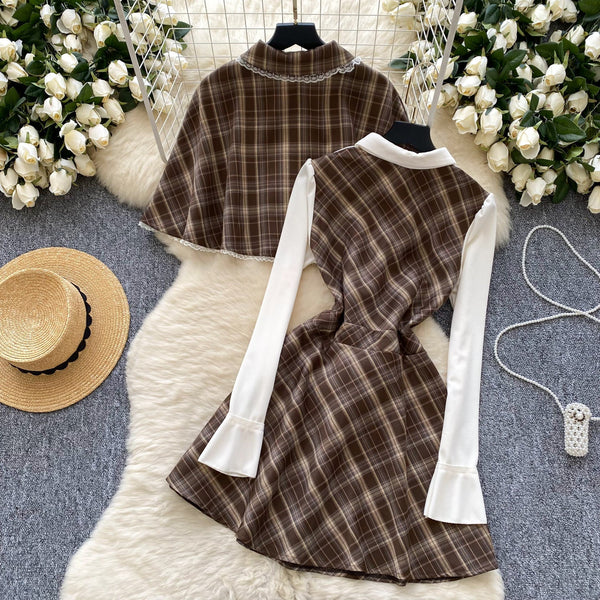 Faux Two-pieces Dress&Cape Plaid 2Pcs