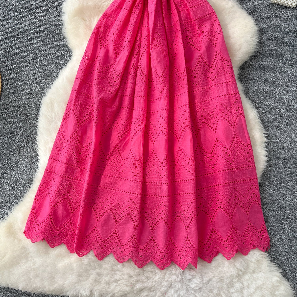 Hollowed Crochet Single-breasted Shirt Dress