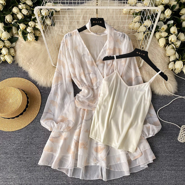 Fairy Floral Mesh Dress&Camisole 2Pcs
