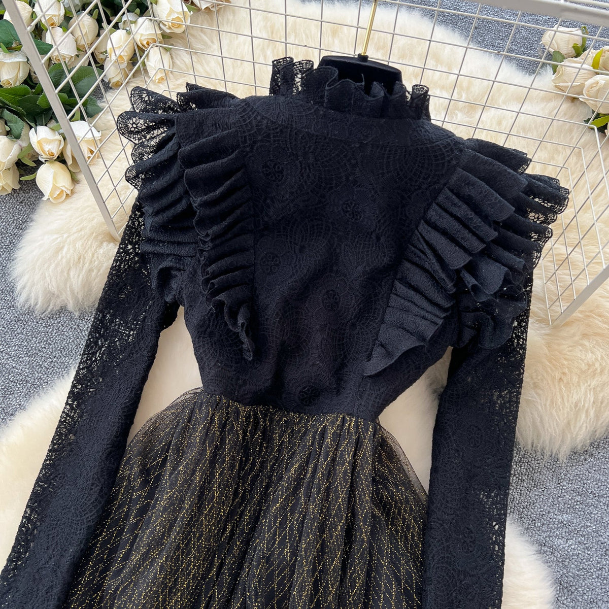 Ruffled V-neck Mesh Patchwork Dress