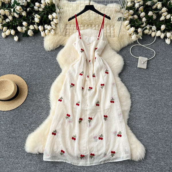 Sweetie Cherry Embroidered Slip Dress
