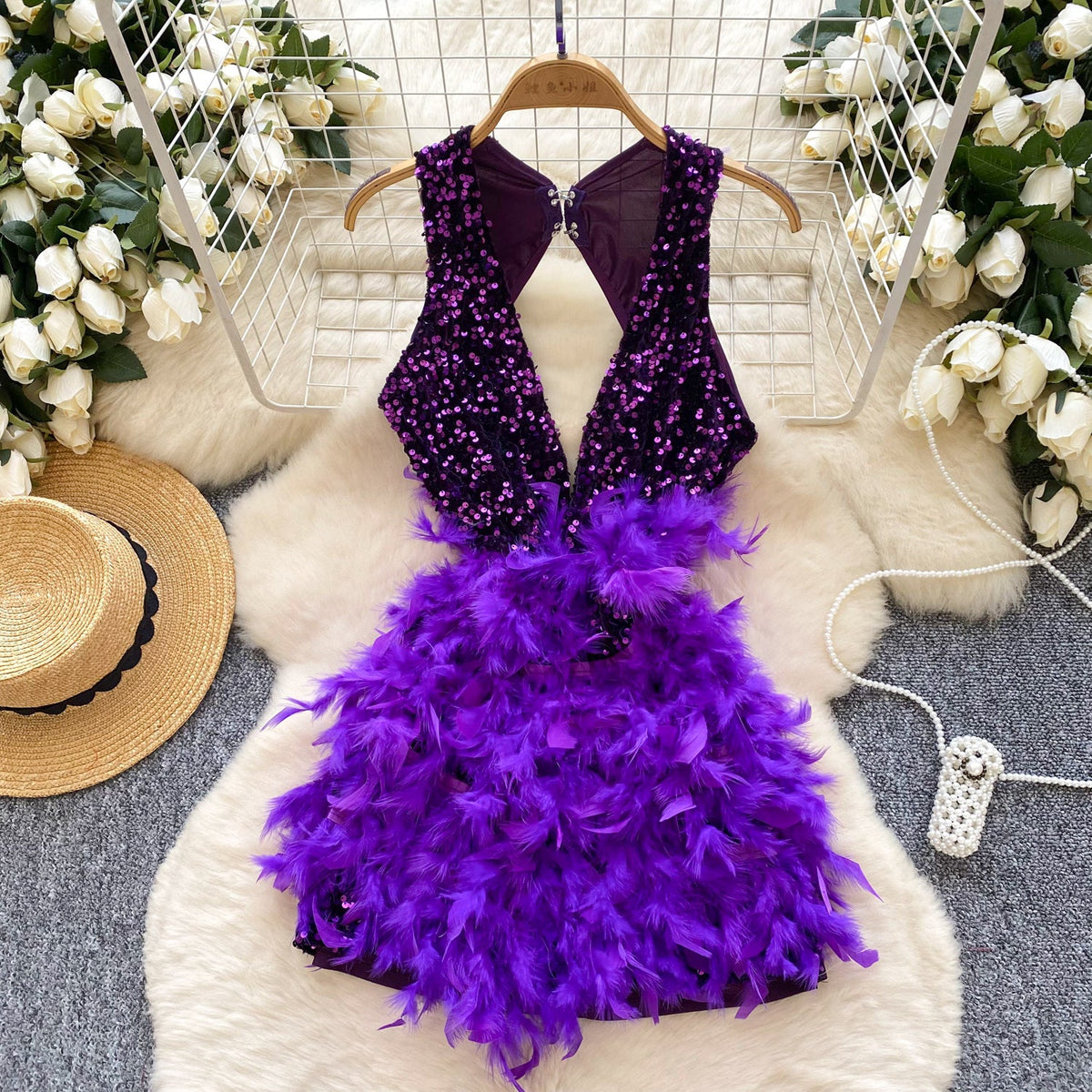 Hollowed Deep V-neck Sequined Dress