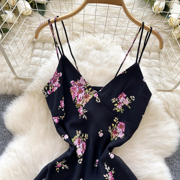 French Style Floral Black Slip Dress