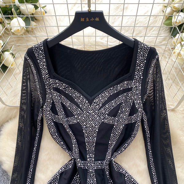 Vintage Rhinestone Studded Black Dress