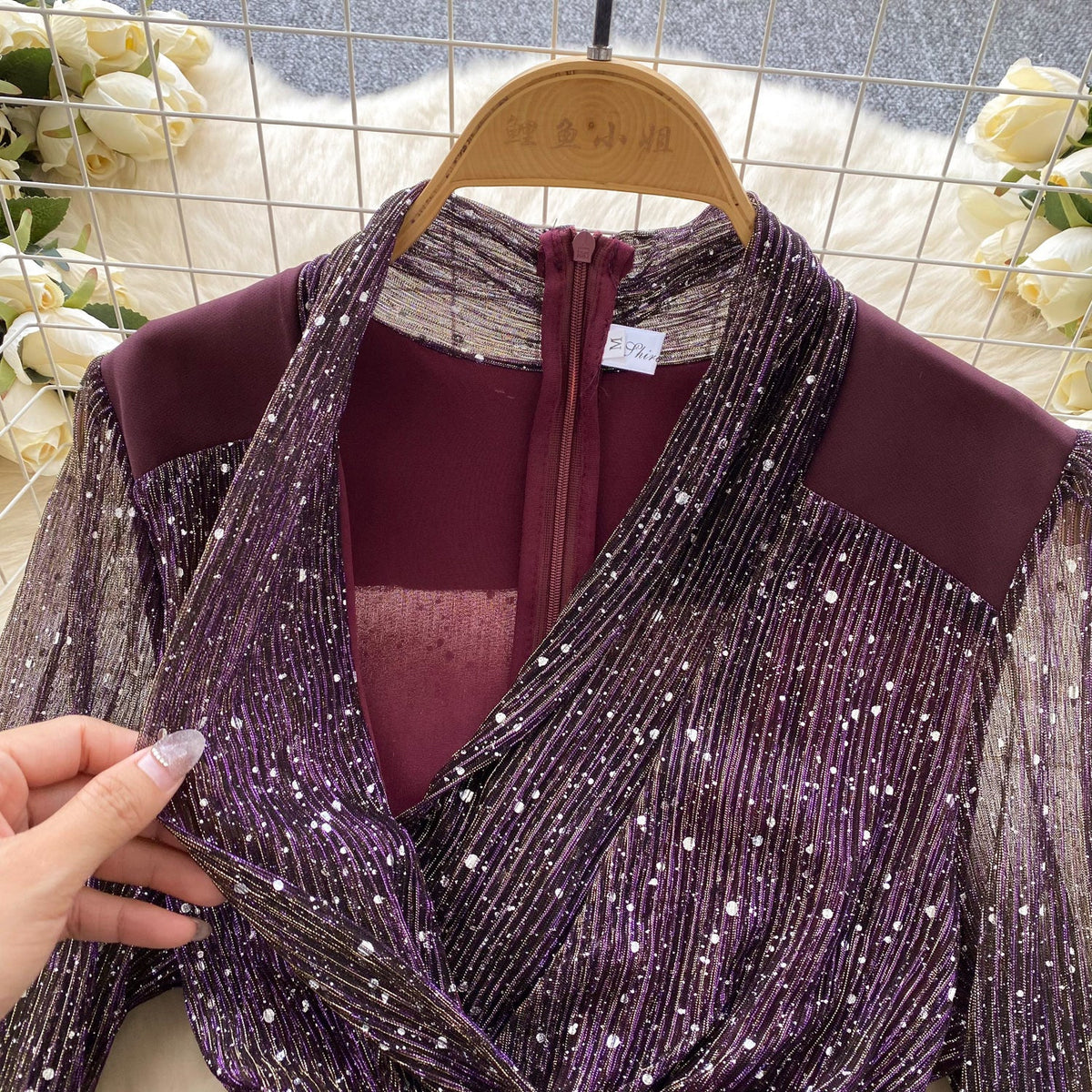 Sequined Mesh Patchwork Satin Dress