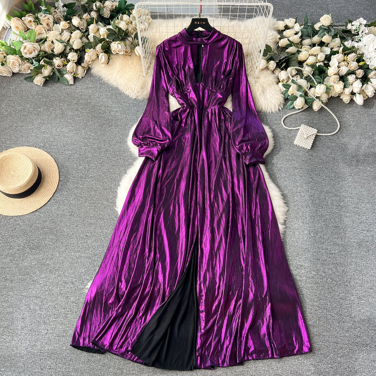 Deep V-neck Glossy Satin Dress