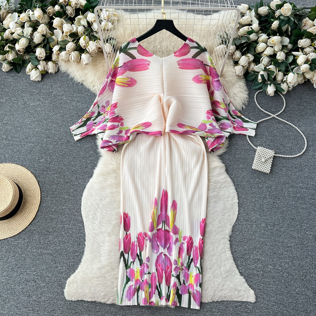 High-end Pleated Floral Printed Dress
