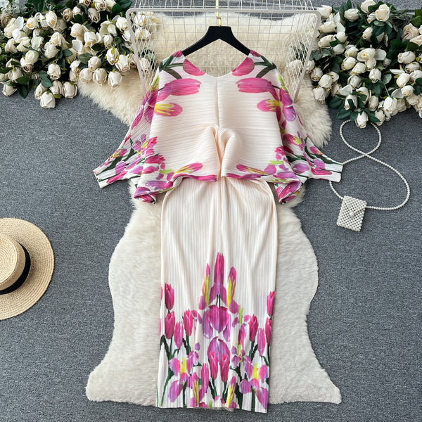 High-end Pleated Floral Printed Dress
