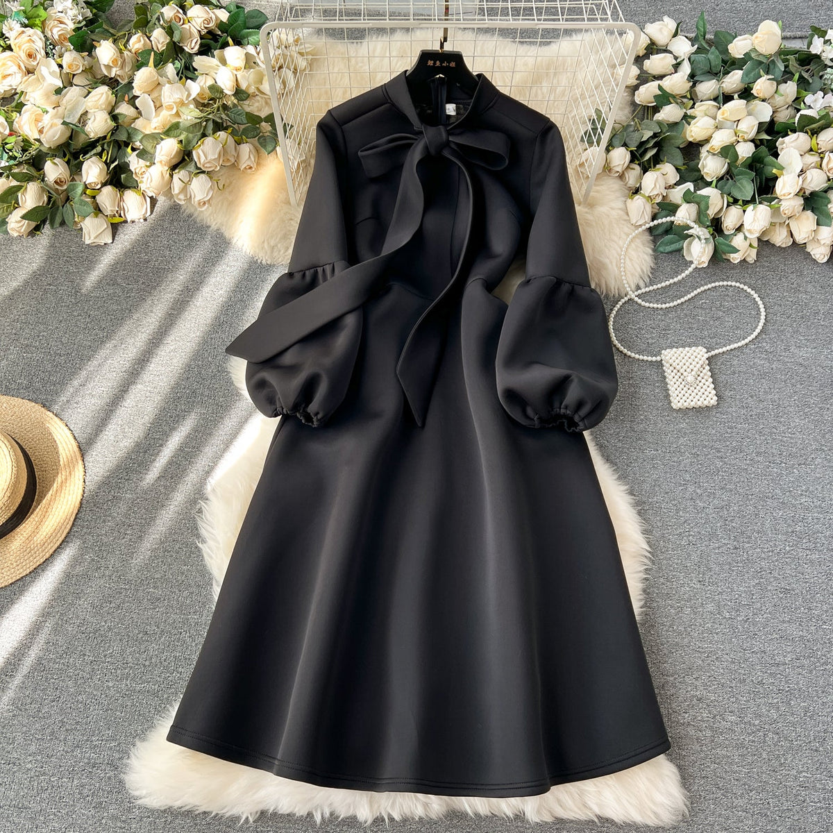 Bow-tie Solid Color Ruffled Dress