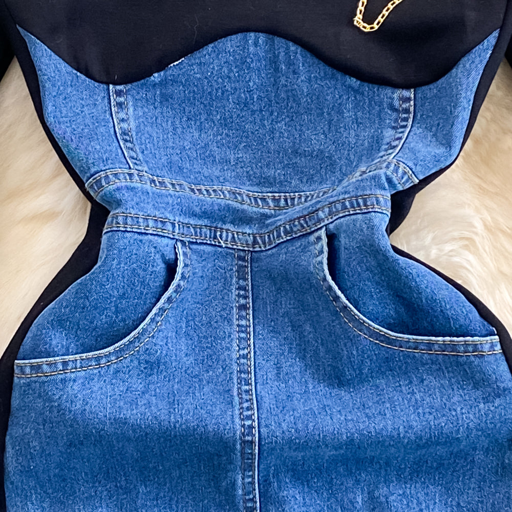 V-neck Denim Patchwork Black Dress