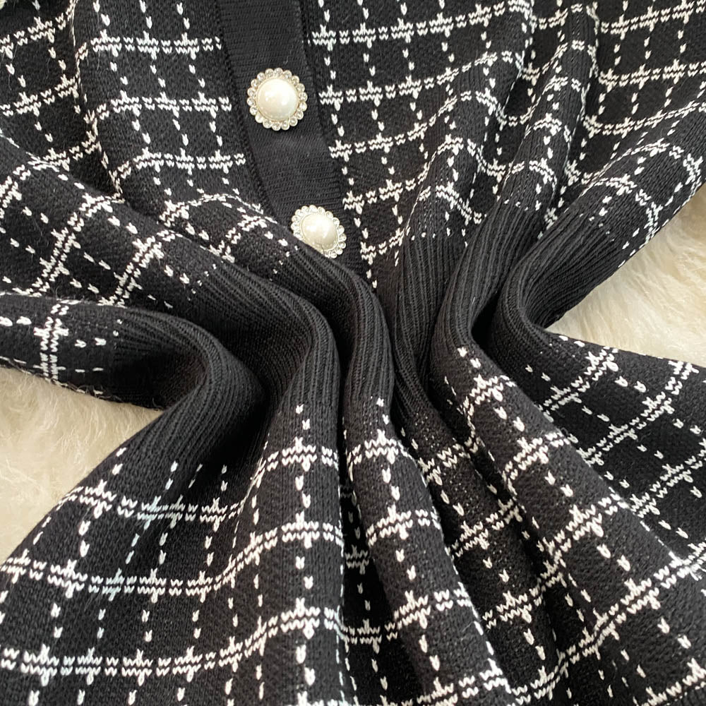 Lapeled Plaid Tweed Knitted Dress