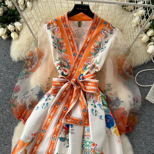 Courtly Lace-up Floral Printed Dress