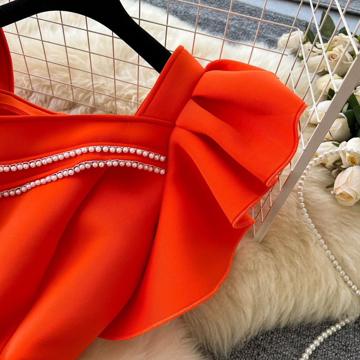 Ruffled Sleeve Sequined Orange Dress