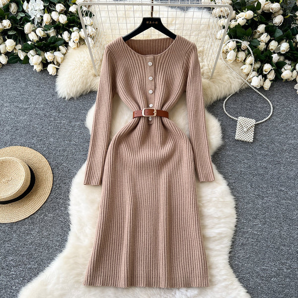 Vintage Solid Color Knitted Dress with Belt