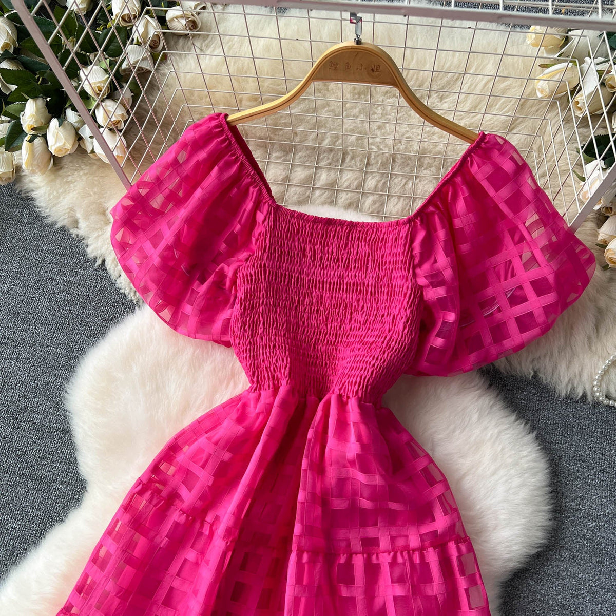 Solid Color Plaid Puffy Dress