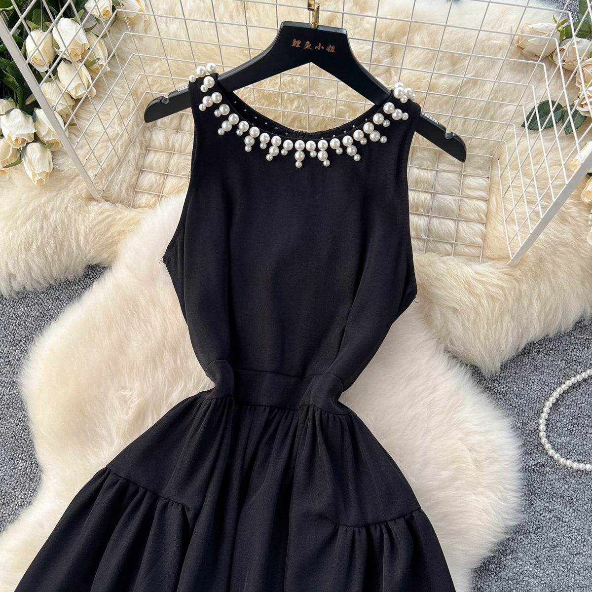 Beaded Sleeveless Halter Black Dress