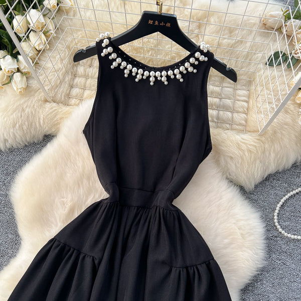 Beaded Sleeveless Halter Black Dress
