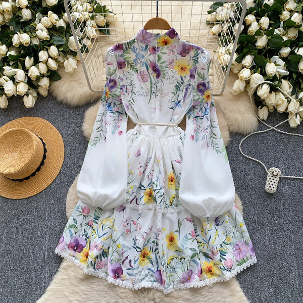 Stand Collar Floral Printed Shirt Dress