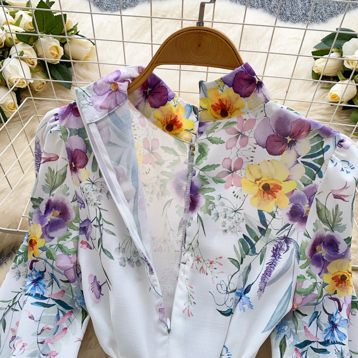 Stand Collar Floral Printed Shirt Dress