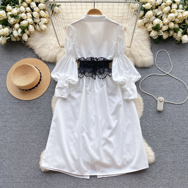 White Shirt Dress with Lace Waistband