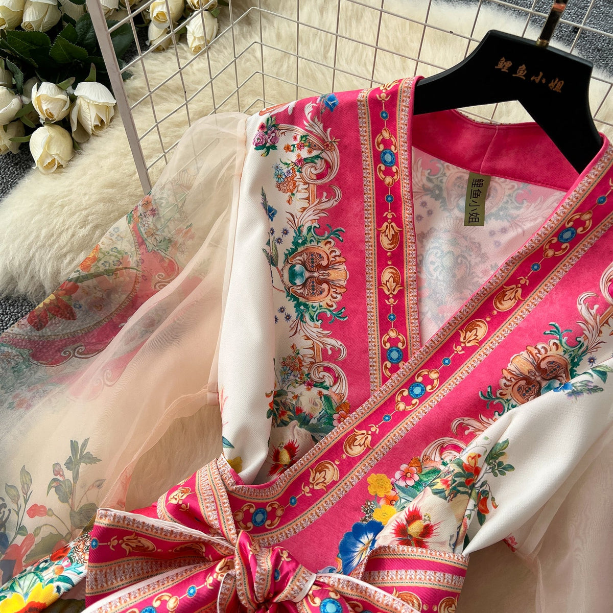 Courtly Lace-up Floral Printed Dress