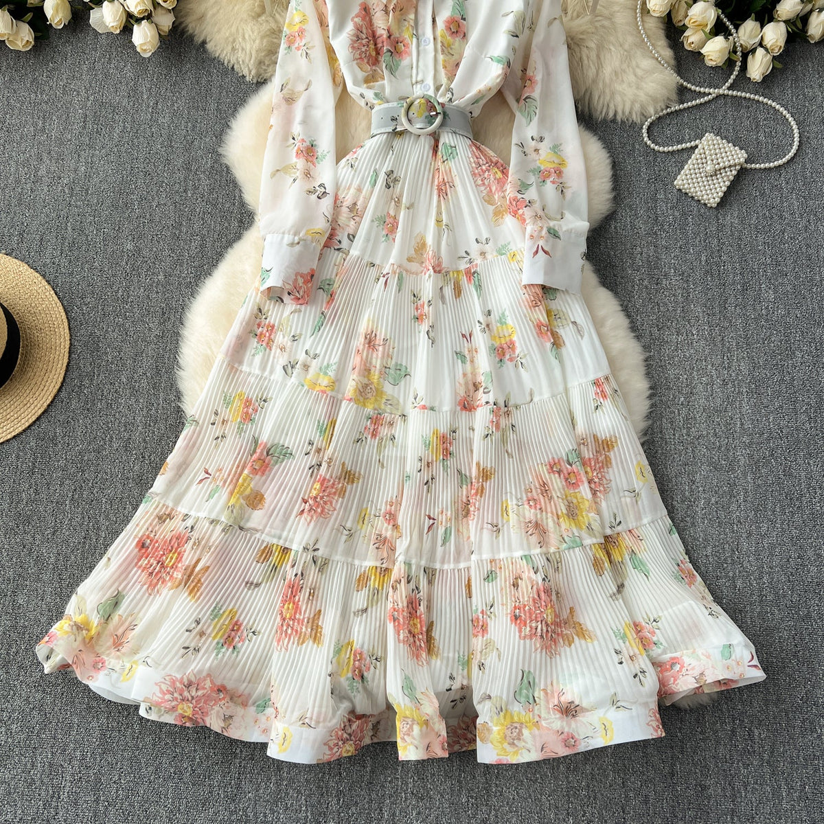 Elegant Pleated Floral Shirt Dress