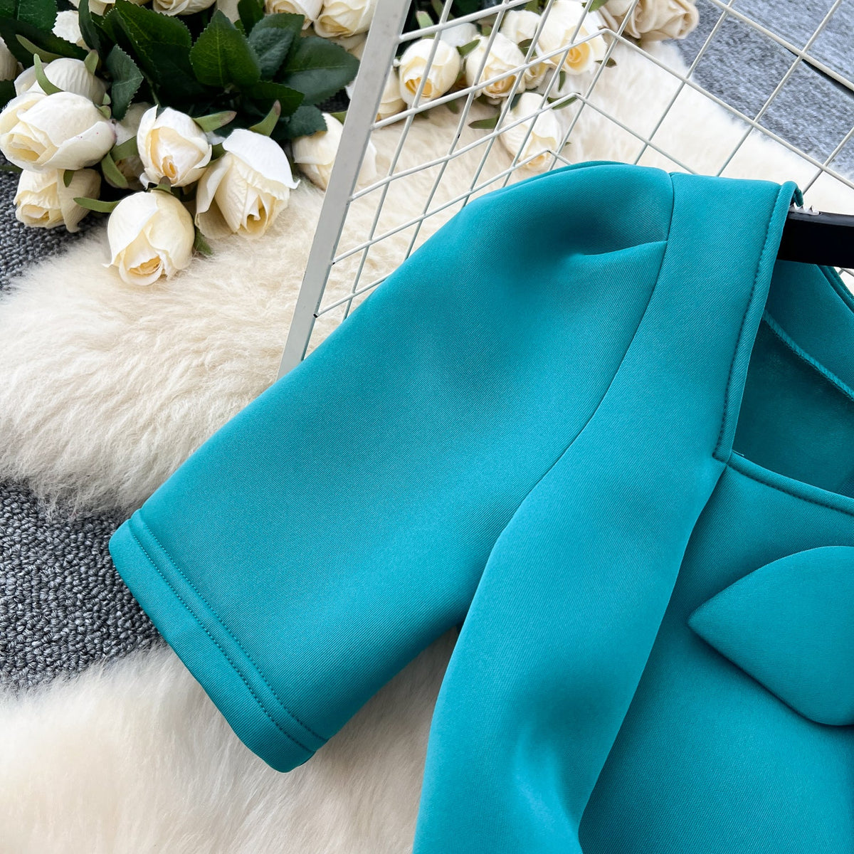 Slant Neckline Puffy Sleeve Dress
