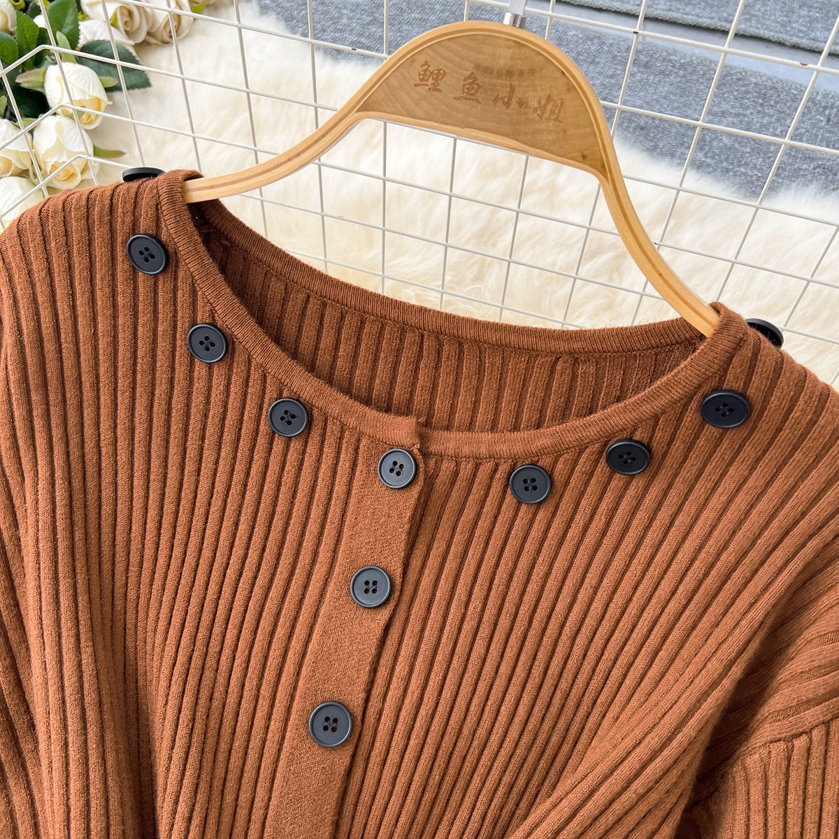 Round Collar Button Decorated Knitted Dress