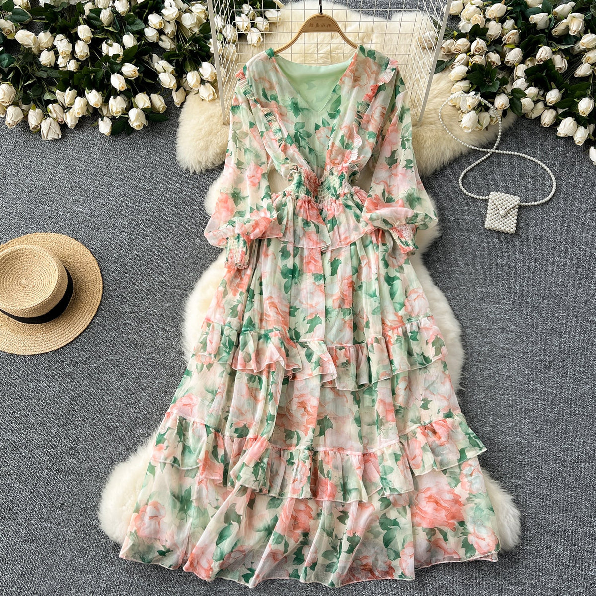 French Style V-neck Floral Chiffon Dress