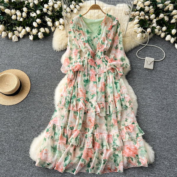 French Style V-neck Floral Chiffon Dress