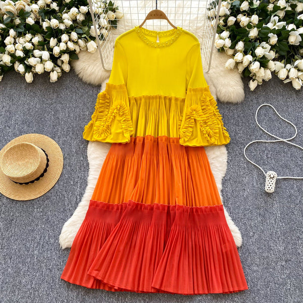 Niche Color Blocking Pleated Dress
