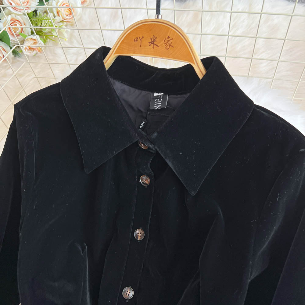 Simple Design Black Velvet Shirt Dress