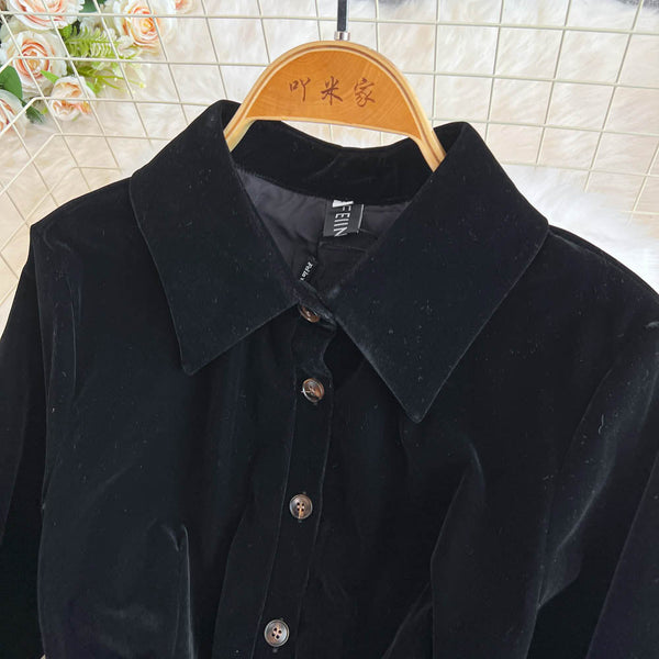 Simple Design Black Velvet Shirt Dress