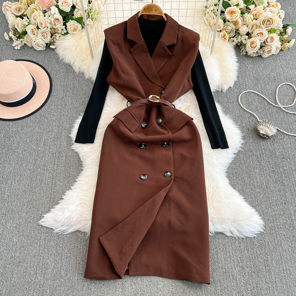 Vest Dress&Bottoming Sweater 2Pcs