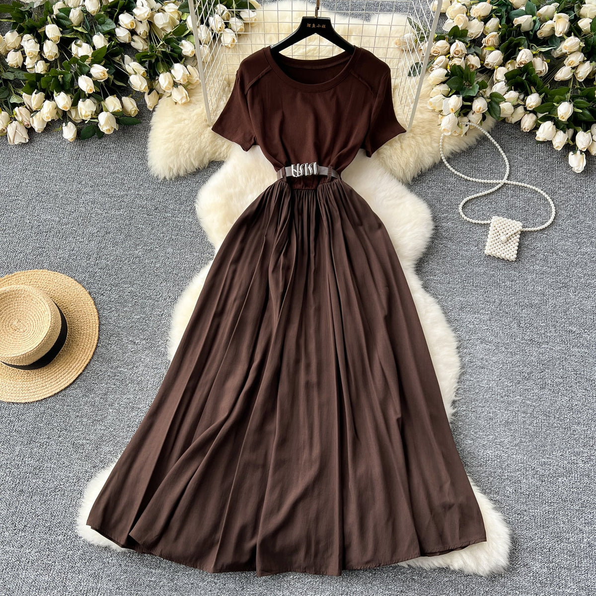 Round Collar Draped Patchwork Dress