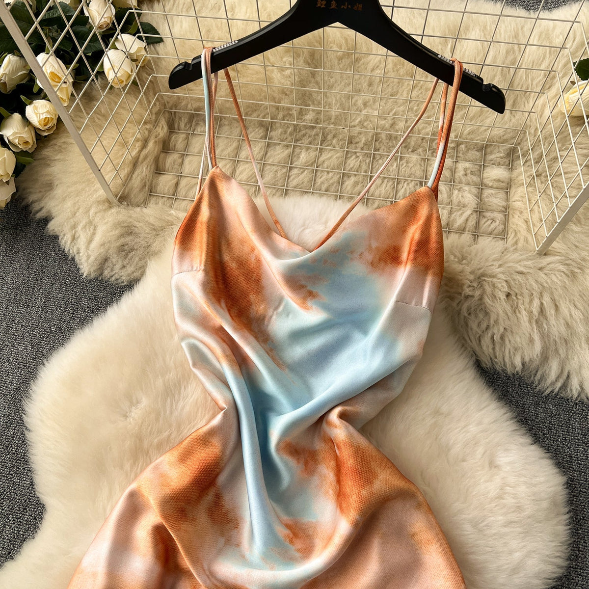 Niche Tie-dye Draped Satin Slip Dress
