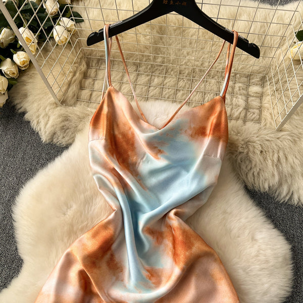 Niche Tie-dye Draped Satin Slip Dress