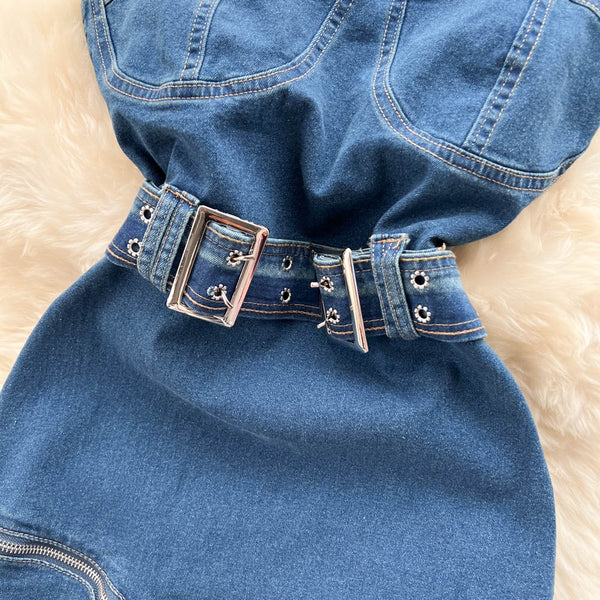 Vintage Asymmetric Denim Off-shoulder Dress