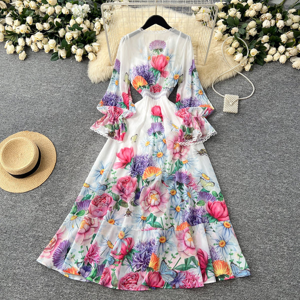 Deep V-neck Ruffled Floral Dress