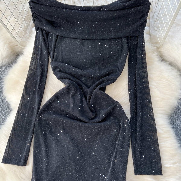 Off-shoulder Sequined Black Dress