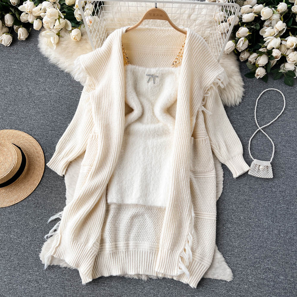 Fluffy Slip Dress&Fringed Cardigan 2Pcs
