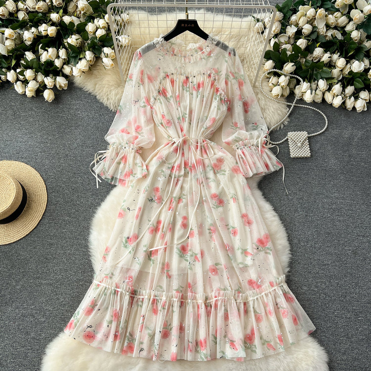 Elegant Sequined Floral Chiffon Dress