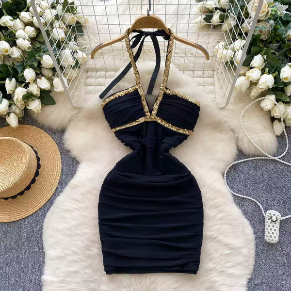 Deep V-neck Sequined Pleated Dress
