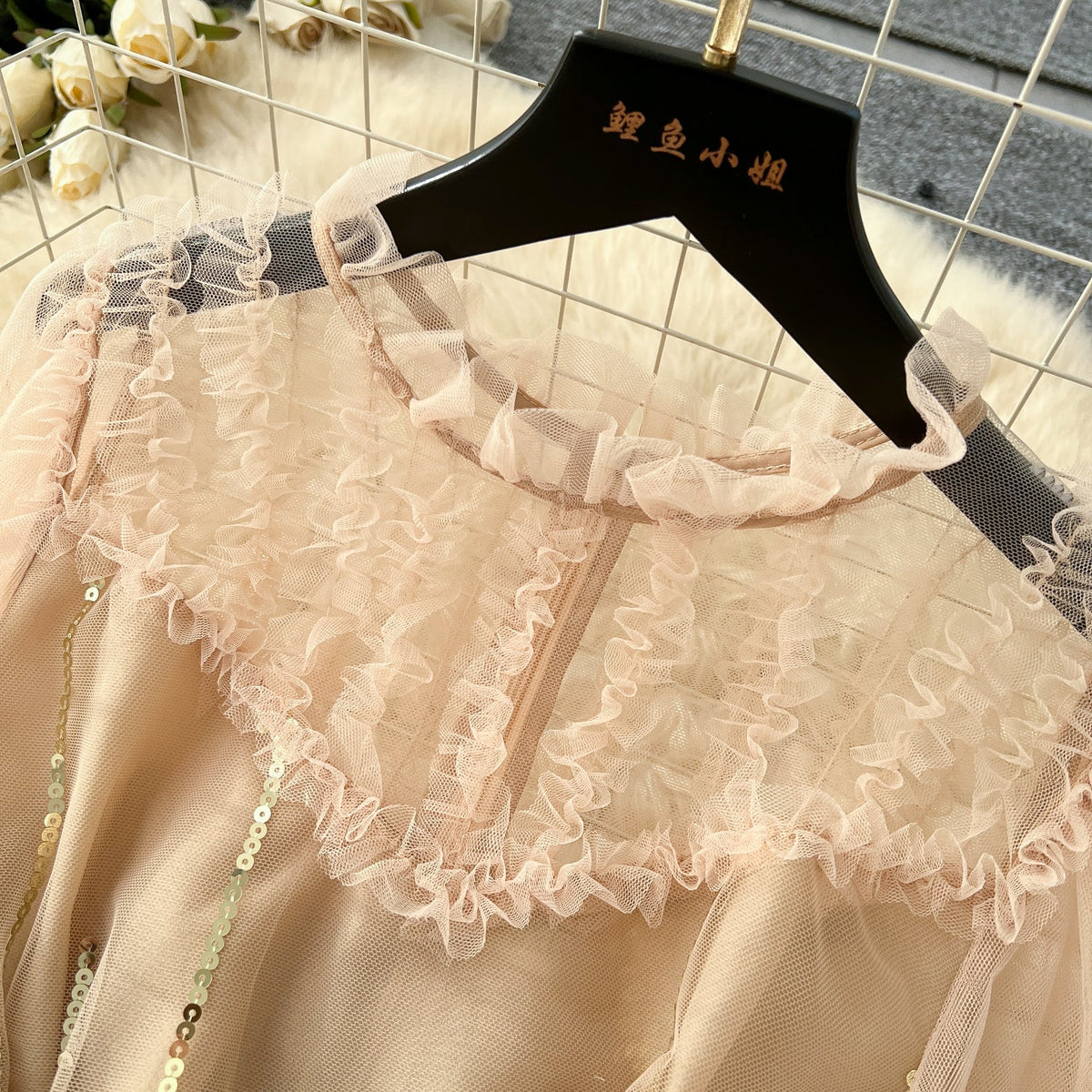 Embroidered 3D Ruffled Mesh Dress