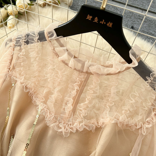 Embroidered 3D Ruffled Mesh Dress
